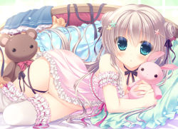 Rule 34 | 1girl, babydoll, blue eyes, blush, bottomless, breasts, cleavage, double bun, female focus, frilled pillow, frilled thighhighs, frills, hair bun, hair ornament, hair ribbon, leg ribbon, long hair, looking at viewer, lying, no panties, on side, original, pillow, pink babydoll, ribbon, ribbon trim, skirt, unworn skirt, solo, stuffed animal, stuffed rabbit, stuffed toy, teddy bear, thigh ribbon, thighhighs, underwear, underwear only, yukie (peach candy)