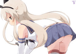 Rule 34 | 1girl, animal ears, aosora neko, ass, bad id, bad pixiv id, blonde hair, breasts, closed mouth, commentary request, elbow gloves, fake animal ears, gloves, grey eyes, highres, horizontal-striped legwear, kantai collection, long hair, looking at viewer, looking back, rabbit ears, shimakaze (kancolle), simple background, skirt, small breasts, solo, striped clothes, striped thighhighs, thighhighs, white background