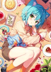 Rule 34 | 1girl, ahoge, animal ear fluff, animal ears, apron, aqua hair, bad id, bad twitter id, black footwear, blue apron, bone hair ornament, brown pants, collared shirt, cookie, fetal position, flower, food, fruit, green eyes, hair between eyes, hair ornament, hairclip, highres, holding, long sleeves, looking at viewer, lying, on side, orange socks, original, pants, pastry, pie, ribbon, rose, shirt, shnva, short hair, shorts, sidelocks, sleeves past wrists, socks, striped clothes, striped shirt, tail, tea, tongue, tongue out, wooden floor