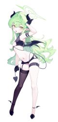Rule 34 | 1girl, absurdres, black footwear, black gloves, black horns, black tail, black thighhighs, black wings, blue archive, breasts, demon horns, demon tail, demon wings, full body, gloves, green hair, green halo, halo, highres, hikari (blue archive), horns, long hair, meunhongcha, navel, open mouth, pointy ears, shoes, simple background, single thighhigh, small breasts, solo, tail, thighhighs, white background, wings, yellow eyes