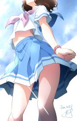 Rule 34 | 1girl, arched back, bare legs, breasts, brown hair, dated, head out of frame, hibike! euphonium, highres, kitauji high school uniform, light rays, looking up, miniskirt, neckerchief, nii manabu, oumae kumiko, outdoors, outstretched arms, pleated skirt, sailor collar, school uniform, serafuku, short hair, signature, simple background, skirt, sky, small breasts, solo, spread arms, stomach, sunbeam, sunlight, thighhighs, upskirt, watch, wristwatch