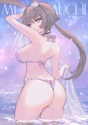 Rule 34 | 1girl, absurdres, animal ears, ass, back, bare shoulders, bikini, blush, breasts, brown hair, choker, curvy, frilled bikini, frills, from behind, highres, hitowa, large breasts, long hair, looking back, night, night sky, original, outdoors, pink bikini, pink eyes, ponytail, rabbit ears, shoulder blades, sideboob, sky, solo, standing, star (sky), starry sky, swimsuit, thick thighs, thighs, wading, water, wet, wide hips