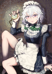Rule 34 | 1girl, absurdres, apron, arm support, ascot, blue dress, bow, braid, chain, dress, eyelashes, fingernails, floral background, green ascot, green bow, grey hair, gunnjou yosio, highres, holding, holding pocket watch, izayoi sakuya, long sleeves, looking at viewer, maid headdress, messy hair, parted lips, pocket watch, red eyes, sitting, solo, touhou, twin braids, watch