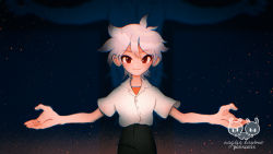 Rule 34 | 1boy, blush, character name, collared shirt, german commentary, grey hair, male focus, nagisa kaworu, neon genesis evangelion, orange shirt, outstretched arms, perisceris, red eyes, shirt, short hair, short sleeves, signature, smile, solo, spread arms, upper body, white shirt