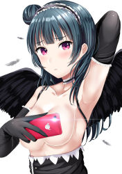 Rule 34 | 1girl, arm up, armpits, black choker, black gloves, black hairband, black skirt, black wings, blue hair, blush, breasts, cellphone, choker, collarbone, covering privates, covering breasts, elbow gloves, feathered wings, feathers, frilled choker, frilled hairband, frills, gloves, hair bun, hairband, high-waist skirt, highres, looking at viewer, love live!, love live! sunshine!!, medium breasts, morerin, phone, purple eyes, side bun, simple background, single side bun, skirt, smartphone, solo, taking picture, topless, tsushima yoshiko, upper body, white background, wings