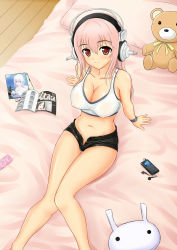 Rule 34 | 1girl, an-bl, blush, breasts, cleavage, condom, condom packet strip, condom wrapper, digital media player, covered erect nipples, female focus, headphones, highres, large breasts, long hair, navel, nitroplus, pink hair, red eyes, shorts, sitting, smile, stuffed animal, stuffed toy, super sonico, teddy bear