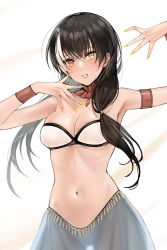 Rule 34 | 1girl, absurdres, alternate costume, arms up, black hair, blush, bra, breasts, cl (summer sama), cleavage, commission, dancer, earrings, girls&#039; frontline, hair ornament, hairclip, heterochromia, highres, jewelry, long hair, looking at viewer, medium breasts, multicolored hair, nail polish, navel, open mouth, pixiv commission, red eyes, ro635 (girls&#039; frontline), smile, solo, standing, teeth, underwear, white background, white bra, yellow eyes, yellow nails