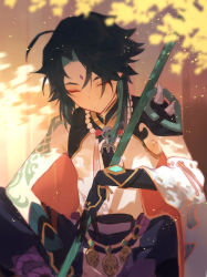 Rule 34 | 1boy, ahoge, aqua hair, arm tattoo, armor, asymmetrical clothes, bead necklace, beads, black hair, closed mouth, closed eyes, facial mark, forehead mark, genshin impact, gloves, holding, holding weapon, jewelry, makeup, male focus, multicolored hair, necklace, polearm, shade, shoulder armor, sitting, sleeping, sleeping upright, solo, spikes, suke 81, tattoo, weapon, xiao (genshin impact)