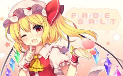 Rule 34 | 1girl, ;d, ascot, blonde hair, blush, character name, commentary request, fang, finger to face, flandre scarlet, frilled shirt collar, frills, gradient background, hair between eyes, hand up, hat, hat ribbon, head tilt, heart, highres, index finger raised, looking at viewer, mob cap, one eye closed, open mouth, pink background, puffy short sleeves, puffy sleeves, red eyes, red ribbon, red vest, ribbon, ruhika, short hair, short sleeves, side ponytail, smile, solo, star (symbol), touhou, upper body, vest, white background, wings, wrist cuffs, yellow ascot