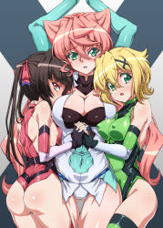 Rule 34 | 10s, 3girls, akatsuki kirika, arms up, ass, bare shoulders, black hair, blonde hair, blue eyes, blush, breasts, cleavage, commentary request, covered erect nipples, covered navel, elbow gloves, girl sandwich, gloves, gluteal fold, green eyes, green leotard, hair ornament, holding hands, interlocked fingers, large breasts, leotard, long hair, looking at viewer, maria cadenzavna eve, medium breasts, multiple girls, open mouth, pink eyes, pink hair, pink leotard, sandwiched, senki zesshou symphogear, shiny clothes, shiny skin, short hair, shoulder blades, skin tight, small breasts, syunzou, thigh gap, thighhighs, tsukuyomi shirabe, twintails, very long hair, white legwear