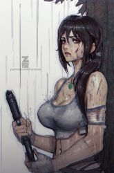 Rule 34 | 1girl, artist name, bandages, bare shoulders, black hair, bleeding, blood, blood stain, breasts, brown hair, cleavage, crop top, cuts, dirty, covered erect nipples, gun, hair over shoulder, handgun, injury, jewelry, lara croft, large breasts, lips, long hair, looking at viewer, low ponytail, magazine (weapon), midriff, navel, necklace, nose, panties, parted lips, pistol, ponytail, rain, reloading, scrunchie, solo, strap gap, tank top, tomb raider, tomb raider (reboot), torn clothes, underwear, upper body, watermark, weapon, wet, wrist wrap, zeronis