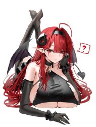 Rule 34 | 1girl, ?, ahoge, azur lane, bare shoulders, black choker, black gloves, black horns, black wings, breasts, choker, closed mouth, collarbone, commentary request, curled horns, demon girl, demon horns, demon tail, demon wings, elbow gloves, gloves, hair intakes, head rest, highres, hindenburg (azur lane), horn/wood, horns, huge breasts, legs up, looking at viewer, parted bangs, pointy ears, red hair, simple background, solo, spoken question mark, tail, white background, wings