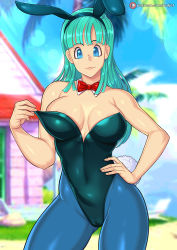 Rule 34 | 1girl, aqua hair, bare arms, bare shoulders, beach, beach chair, black leotard, blue eyes, blue pantyhose, blue sky, blunt bangs, bow, bowtie, breasts, bulma, cameltoe, cleavage, closed mouth, cloud, covered navel, curvy, detached collar, dragon ball, dragon ball (classic), eyebrows hidden by hair, hand on own hip, hand up, high heels, highleg, highleg leotard, house, island, kame house, large breasts, lens flare, leotard, long hair, looking at viewer, neck, palm tree, pantyhose, playboy bunny, rabbit ears, rabbit tail, red bow, red bowtie, redjet, revealing clothes, shiny clothes, shiny skin, sky, smile, solo, standing, straight hair, strapless, strapless leotard, thick thighs, thighs, tree, wide hips