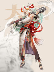 Rule 34 | 1girl, alternate costume, bare shoulders, belt, breasts, china dress, chinese clothes, closed mouth, club, club (weapon), curled horns, detached sleeves, dress, dywx poison, feet out of frame, fingernails, full body, gradient hair, green hair, grey hair, hair ornament, hair stick, hand up, high ponytail, horns, impossible clothes, impossible dress, kanabou, large breasts, light smile, lips, long hair, looking at viewer, multicolored hair, multicolored horns, nail polish, one piece, oni, orange eyes, orange horns, over shoulder, platform footwear, red horns, red nails, revision, rope, side slit, sidelocks, sleeveless, sleeveless dress, solo, spiked club, standing, two-tone hair, very long hair, watermark, weapon, weapon over shoulder, web address, yamato (one piece)