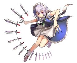 Rule 34 | &gt;:), 1girl, amamitsu kousuke, apron, bad id, bad twitter id, between fingers, blue dress, bow, braid, brown footwear, closed mouth, dress, frilled dress, frills, full body, green bow, hair bow, highres, holding, holding knife, izayoi sakuya, knife, knives between fingers, looking at viewer, maid, maid headdress, puffy short sleeves, puffy sleeves, purple eyes, shoes, short hair, short sleeves, silver hair, socks, solo, touhou, twin braids, v-shaped eyebrows, waist apron, white socks