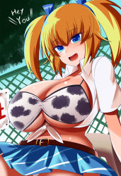 Rule 34 | 1girl, :d, animal print, belt, bikini, bikini under clothes, blonde hair, blue eyes, breasts, cleavage, cow print, crop top, english text, fang, fence, front-tie top, gero zoukin, highres, large breasts, medium hair, microskirt, midriff, open clothes, open mouth, open shirt, oppai loli, original, shirt, skirt, smile, solo, swimsuit, twintails, underbust, white shirt