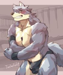 Rule 34 | 1boy, abs, absurdres, animal ears, armband, artist name, bara, black armband, black male underwear, black wristband, blush, commentary request, dog boy, dog ears, dog tail, flexing, flexing pectorals, furry, furry male, highres, kouya aotsuki, looking at viewer, male focus, male underwear, morenatsu, pectorals, pen between pectorals, smile, tail, topless male, tos tos f ski, underwear, yellow eyes