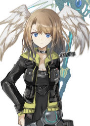 Rule 34 | 1girl, abfbfygo, black bodysuit, black choker, black jacket, blue eyes, bodysuit, breast pocket, breasts, choker, cleavage, closed mouth, collarbone, covered navel, cropped jacket, drawstring, eunie (xenoblade), feathered wings, frown, hair between eyes, head wings, highres, jacket, large breasts, light brown hair, long hair, long sleeves, open clothes, open jacket, pocket, simple background, solo, staff, twitter username, v-shaped eyebrows, white background, white wings, wings, xenoblade chronicles (series), xenoblade chronicles 3