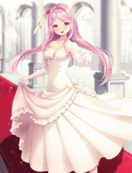 Rule 34 | 1girl, :d, armpits, bare shoulders, bow, breasts, cleavage, collarbone, dress, dress bow, elbow gloves, flower, flower knight girl, frills, full body, gloves, hair bow, hair flower, hair ornament, highres, indoors, long hair, looking at viewer, medium breasts, open mouth, pillar, pink hair, red eyes, sangobana (flower knight girl), shoes, smile, solo, standing, strapless, strapless dress, suzuno, wedding dress, white bow, white dress, white footwear, white gloves, yellow bow