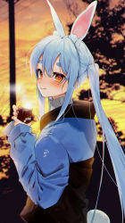 Rule 34 | 1girl, :q, animal ear fluff, animal ears, blue hair, blue jacket, blush, commentary request, cup, gotou (nekocat), hair between eyes, highres, holding, holding cup, hololive, jacket, long hair, long sleeves, looking at viewer, outdoors, rabbit ears, rabbit girl, rabbit tail, red eyes, short eyebrows, sidelocks, solo, steam, sweater, tail, thick eyebrows, tongue, tongue out, turtleneck, turtleneck sweater, twintails, usada pekora, virtual youtuber