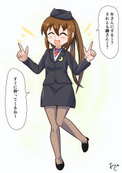Rule 34 | akashieru, alternate costume, black hat, black jacket, black skirt, blazer, brown hair, closed eyes, commentary request, crescent, crescent pin, full body, fumizuki (kancolle), garrison cap, grey pantyhose, hat, highres, index fingers raised, jacket, kantai collection, long hair, one-hour drawing challenge, pantyhose, pencil skirt, ponytail, simple background, skirt, smile, translation request, travel attendant, white background