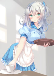 Rule 34 | 1girl, absurdres, apron, aqua hair, blue ribbon, blue skirt, blush, breasts, breasts on tray, buttons, cafe stella to shinigami no chou, coffee, coffee cup, company connection, cup, disposable cup, eyelashes, frilled apron, frilled skirt, frills, furrowed brow, green eyes, hair between eyes, hair ribbon, highres, holding, holding tray, indoors, k kuro2, large breasts, looking at viewer, medium hair, outstretched arm, parted bangs, parted lips, pinstripe pattern, pinstripe shirt, plaid collar, puffy short sleeves, puffy sleeves, ribbon, riddle joker, shikibe mayu, shirt, short sleeves, side ponytail, sidelocks, simple background, skirt, smile, standing, striped, tray, waitress, wavy hair, white ribbon, yuzu-soft