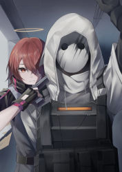 Rule 34 | 1girl, 1other, absurdres, arknights, arm up, at gunpoint, bulletproof vest, coat, exusiai (arknights), grey jacket, gun, hair over one eye, halo, highres, holding, holding gun, holding weapon, hood, hood up, hooded coat, indoors, jacket, mask, parted lips, r oot, red eyes, red hair, reunion soldier (arknights), short hair, weapon, white coat