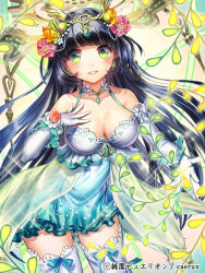 Rule 34 | 1girl, black hair, blue dress, blush, breasts, character request, cleavage, dress, esphy, flower, gloves, green eyes, hair flower, hair ornament, jewelry, junketsu duelion, large breasts, long hair, looking at viewer, lots of jewelry, necklace, smile, solo, thighhighs, white gloves, white thighhighs