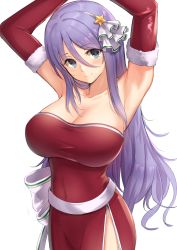 Rule 34 | 1girl, alternate costume, armpits, arms up, bare shoulders, blue eyes, blush, breasts, christmas, cleavage, closed mouth, collarbone, covered navel, cowboy shot, dargo, dress, elbow gloves, female focus, fur-trimmed gloves, fur trim, gloves, hair between eyes, hair ornament, head tilt, impossible clothes, large breasts, long hair, looking at viewer, neck, princess connect!, purple hair, red dress, red gloves, ribbon, santa costume, shizuru (princess connect!), side slit, sidelocks, simple background, smile, solo, standing, star (symbol), star hair ornament, strapless, strapless dress, white background, white ribbon