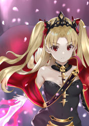 Rule 34 | 1girl, absurdres, black detached collar, black dress, blonde hair, blurry, blurry background, breasts, cape, cleavage, crown, detached collar, diadem, dress, earrings, ereshkigal (fate), eyes visible through hair, fate/grand order, fate (series), female focus, floating cape, floating hair, gold trim, hair ribbon, highres, jewelry, long hair, looking at viewer, medium breasts, nail polish, parted bangs, parted lips, petals, red cape, red eyes, red nails, red ribbon, ribbon, skull, solo, strapless, strapless dress, striped, takubon, tohsaka rin, two side up, type-moon, upper body, very long hair, weapon, wind, wind lift