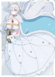 Rule 34 | 1girl, akitokage, alternate breast size, anastasia (fate), blue eyes, blue robe, blush, border, breasts, cape, cleavage, closed mouth, collarbone, commentary request, crown, doll, hugging doll, dress, eyes visible through hair, fate/grand order, fate (series), floating clothes, floating hair, full body, fur trim, hair ornament, hair over one eye, hairband, hand on own chest, hand up, highres, holding, holding doll, huge breasts, jewelry, large breasts, long dress, long hair, long sleeves, looking at viewer, mini crown, necklace, hugging object, pendant, ribbon, robe, royal robe, silver hair, snow, solo, very long hair, white border, white dress