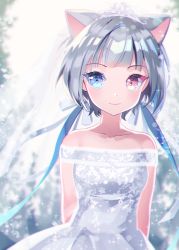 Rule 34 | 1girl, animal ears, bad id, bad pixiv id, bare shoulders, blue eyes, blue ribbon, blurry, blurry background, blush, bow, breasts, cat ears, closed mouth, collarbone, depth of field, dress, grey dress, grey hair, hair bow, hair ribbon, heterochromia, mechuragi, off-shoulder dress, off shoulder, original, red eyes, ribbon, small breasts, smile, solo, tiara, upper body, white bow