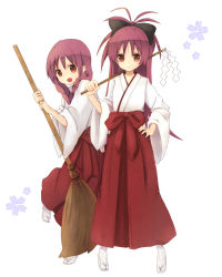 Rule 34 | 10s, 2girls, :d, amano kouki, bow, braid, broom, gohei, hair bow, hakama, hakama skirt, hand on own hip, highres, hip focus, japanese clothes, jewelry, long hair, looking at viewer, mahou shoujo madoka magica, mahou shoujo madoka magica (anime), miko, multiple girls, open mouth, over shoulder, ponytail, red eyes, red hair, red hakama, ring, sakura kyoko, sakura momo, siblings, simple background, sisters, skirt, smile, tabi, twin braids, white background