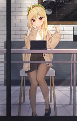Rule 34 | 1girl, absurdres, ahoge, black footwear, black skirt, blonde hair, brown coat, brown pantyhose, closed mouth, coat, expressionless, hamburger hat, hat, head rest, highres, holding, jingburger, long hair, long sleeves, looking at viewer, mary janes, miniskirt, off shoulder, open clothes, open coat, pantyhose, plaid, plaid skirt, red eyes, shirt, shoes, skirt, solo, stylus, tablet pc, virtual youtuber, waktaverse, white shirt, ziro (zirorong)