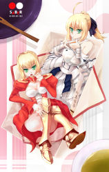 Rule 34 | 10s, 2girls, ahoge, armor, armored dress, artoria pendragon (all), artoria pendragon (fate), bad id, bad pixiv id, blonde hair, box, capcom, cup, dress, english text, engrish text, fate/extra, fate/stay night, fate/unlimited codes, fate (series), faulds, green eyes, hair ribbon, highres, kibamigohann, multiple girls, nero claudius (fate), nero claudius (fate) (all), nero claudius (fate/extra), panties, ponytail, ranguage, ribbon, saber (fate), saber lily, underwear, white panties