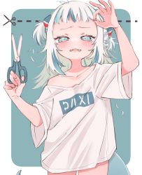 Rule 34 | 1girl, absurdres, blue eyes, blue hair, blunt bangs, blush, commentary, cowboy shot, cutting hair, cutting own hair, fangs, gawr gura, grey hair, hair ornament, highres, holding, holding scissors, hololive, hololive english, long hair, multicolored hair, nail polish, oversized clothes, oversized shirt, sasami (cho ge n ki), scissors, shark hair ornament, shirt, single bare shoulder, streaked hair, symbol-only commentary, t-shirt, tail, tearing up, two side up, virtual youtuber, white shirt