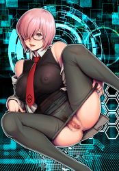 Rule 34 | anus, bare shoulders, clothes pull, collar, colorized, covered erect nipples, fate/grand order, fate (series), female pubic hair, glasses, harumaki, izayoi seishin, jacket, jacket pull, looking at viewer, mash kyrielight, necktie, pantyhose, pantyhose lift, pink hair, pubic hair, pussy, skirt, spread legs