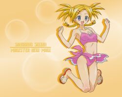 Rule 34 | 00s, 1girl, artist request, bare arms, bare legs, bare shoulders, bikini, bikini top only, blonde hair, blue eyes, blush, bra, braid, breasts, breasts apart, bubble, bubble background, character name, feet, hair ornament, hair tie, hair up, hairclip, happy, jumping, knees, knees together feet apart, mahou sensei negima!, navel, open mouth, panties, pink bra, pink panties, sandals, shiina sakurako, smile, solo, stomach, swimsuit, text focus, toes, underwear, wallpaper, yellow background