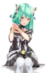 Rule 34 | 1girl, absurdres, ahoge, animal, animal ear fluff, animal ears, animal on lap, bad id, bad pixiv id, bird, bird on lap, black dress, blue hair, bow, cat ears, cat girl, chick, choker, detached collar, dress, ear piercing, ear ribbon, feet out of frame, frilled dress, frilled straps, frilled thighhighs, frills, gothic lolita, gradient hair, green hair, hair ornament, hair ribbon, highres, hololive, lace, lace choker, lolita fashion, looking at viewer, low twintails, multicolored hair, off-shoulder dress, off shoulder, on lap, parted lips, piercing, piyoko (uruha rushia), pom pom (clothes), red eyes, reulem, ribbon, short dress, short hair, short sleeves, short twintails, signature, sitting, skull hair ornament, solo, thighhighs, twintails, tying hair, uruha rushia, uruha rushia (3rd costume), virtual youtuber, white background, white thighhighs