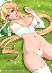 Rule 34 | 1girl, absurdres, blonde hair, braid, breasts, choker, gluteal fold, grass, green eyes, highres, large breasts, leafa, lying, mandytsune, navel, on back, panties, pointy ears, ponytail, shrug (clothing), smile, solo, sword art online, thighhighs, underwear, white choker, white thighhighs