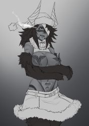 Rule 34 | 1girl, bare shoulders, bell, belt, breast hold, breast tattoo, breasts, breasts out, claws, colored skin, cowboy shot, crossed arms, eyepatch, facial tattoo, flaming eye, fur, fur trim, fusion, gradient background, grey skin, greyscale, hat, hellhound (monster girl encyclopedia), highleg, highleg panties, highres, holly, horns, less, long hair, looking at viewer, lowleg, lowleg skirt, monochrome, monster girl, monster girl encyclopedia, monster girl encyclopedia ii, navel, nipples, panties, pom pom (clothes), pubic tattoo, santa hat, sharp teeth, simple background, skirt, solo, spiked hair, tattoo, teeth, underwear, ushi-oni (monster girl encyclopedia)