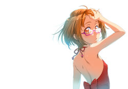 Rule 34 | 1girl, arm up, backless dress, backless outfit, backlighting, bare arms, brown hair, dress, from side, glasses, hand in own hair, looking at viewer, looking to the side, open mouth, orange eyes, pink-framed eyewear, precure, red dress, red ribbon, ribbon, sakura kotetsu, semi-rimless eyewear, shirabe ako, short hair, shoulder blades, simple background, sleeveless, sleeveless dress, solo, suite precure, under-rim eyewear, upper body, white background