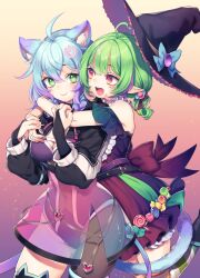 Rule 34 | 2girls, @ @, ahoge, animal ear fluff, animal ear legwear, animal ears, back bow, black bridal gauntlets, black dress, black hat, black nails, black thighhighs, blue bow, blue eyes, blue hair, bow, breasts, bridal gauntlets, candy, cat ear legwear, cat ears, cat girl, cat tail, chest strap, cleavage, closed mouth, colored tips, dress, food, green hair, hair ornament, hat, hat bow, heart, heart ahoge, hexa (vtuber), highres, hug, hug from behind, indie virtual youtuber, leotard, lollipop, multicolored hair, multiple girls, open mouth, orange hair, pink hair, pixcatos, purple eyes, purple hair, second-party source, see-through, see-through skirt, single leg pantyhose, single thighhigh, skirt, streaked hair, swirl lollipop, tail, thighhighs, tomobe kinuko, virtual youtuber, witch hat, wrapped candy