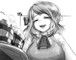 Rule 34 | 1girl, absurdres, alcohol, beer, beer mug, breasts, cup, daeno, greyscale, guardian tales, highres, innkeeper loraine, medium hair, monochrome, mug, open mouth, plate, red eyes, signature, smug, solo, teeth, upper body, upper teeth only, white background