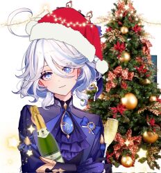 Rule 34 | 1girl, ?, abyss of alyss, ahoge, ascot, blue ascot, blue eyes, blue hat, blue jacket, bottle, brooch, christmas tree, commentary, english commentary, furina (genshin impact), genshin impact, hair between eyes, hat, head tilt, highres, jacket, jewelry, looking at viewer, red hat, santa hat, short hair, simple background, smile, solo, upper body, white background, white hair