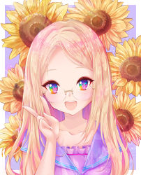 Rule 34 | 1girl, :d, blonde hair, blue eyes, blush, collarbone, commentary request, fingernails, flower, forehead, glasses, hand up, highres, long hair, looking at viewer, multicolored eyes, open mouth, original, parted bangs, purple eyes, purple sailor collar, purple shirt, sailor collar, school uniform, serafuku, shirt, sleeveless, sleeveless shirt, smile, solo, sunflower, teeth, upper body, upper teeth only, v, xenxen, yellow flower