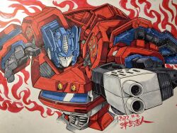 Rule 34 | artist name, autobot, blue eyes, dated, fire, from above, gun, highres, holding, holding gun, holding weapon, mecha, no humans, optimus prime, robot, science fiction, solo, traditional media, transformers, tsushima naoto, upper body, weapon, white background