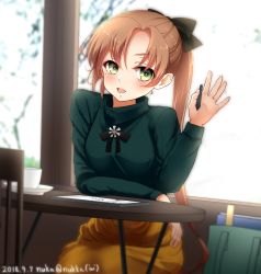 Rule 34 | 1girl, akigumo (kancolle), black bow, blush, bow, breasts, brown hair, cafe, chair, cup, dated, green eyes, hair between eyes, hair bow, highres, kantai collection, long hair, long skirt, long sleeves, looking at viewer, nuka (nvkka), one-hour drawing challenge, open mouth, pencil, ponytail, sitting, skirt, small breasts, solo, sweater, table, window, yellow skirt