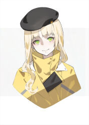 Rule 34 | 1girl, beret, black hat, blonde hair, ciel (synduality), commentary, green eyes, hat, head tilt, highres, long hair, looking at viewer, neco, simple background, smile, solo, synduality, upper body, white background