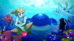 Rule 34 | 1girl, anniversary, blue eyes, bubble, clamperl, creatures (company), game freak, gen 1 pokemon, gen 3 pokemon, gen 4 pokemon, highres, luvdisc, mantyke, misty (pokemon), ni hoshi, nintendo, orange hair, pokemon, pokemon (creature), pokemon frlg, side ponytail, staryu, swimsuit, underwater, wailmer, water